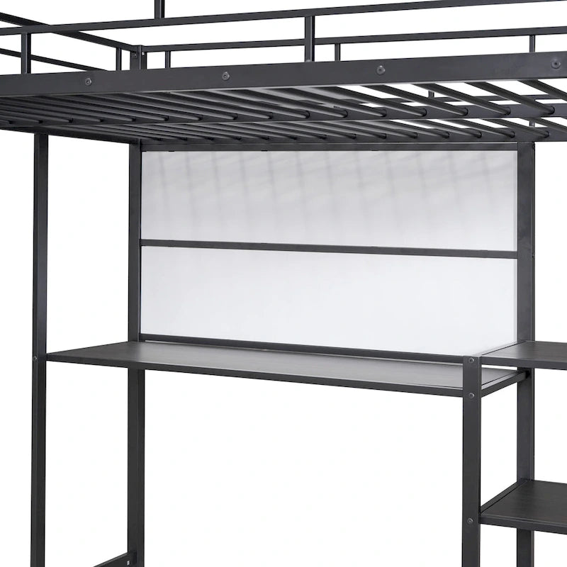 Lit mezzanine en acier avec bureau, tableau blanc intégré, 3 étagères à gauche et échelle intégrée