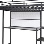 Lit mezzanine en acier avec bureau, tableau blanc intégré, 3 étagères à gauche et échelle intégrée