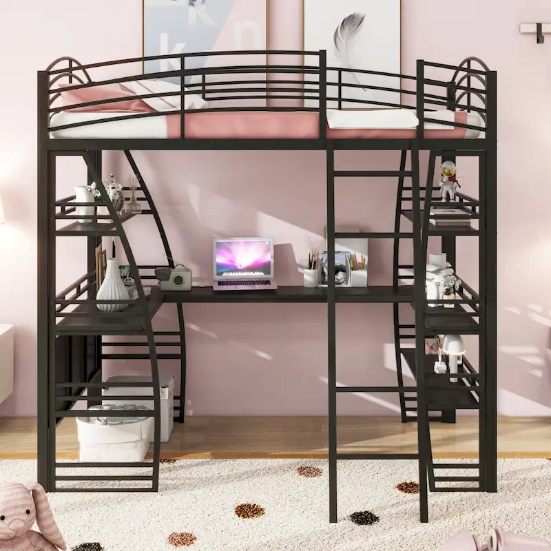 Lit mezzanine en métal avec deux étagères latérales à 4 niveaux, bureau pleine largeur en L avec USB et chargement sans fil, deux échelles inclinées et des barrières de sécurité incurvées
