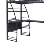 Lit mezzanine en métal avec deux étagères latérales à 4 niveaux, bureau pleine largeur en L avec USB et chargement sans fil, deux échelles inclinées et des barrières de sécurité incurvées