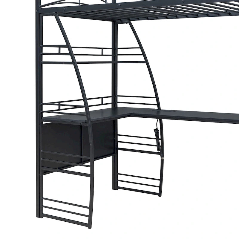 Lit mezzanine en métal avec deux étagères latérales à 4 niveaux, bureau pleine largeur en L avec USB et chargement sans fil, deux échelles inclinées et des barrières de sécurité incurvées