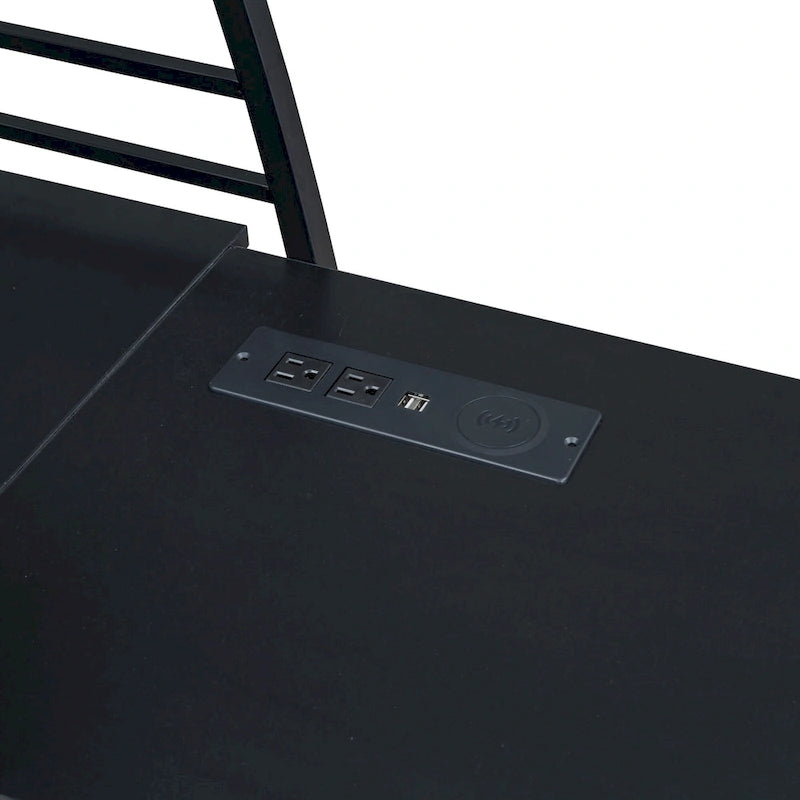 Lit mezzanine en métal avec deux étagères latérales à 4 niveaux, bureau pleine largeur en L avec USB et chargement sans fil, deux échelles inclinées et des barrières de sécurité incurvées