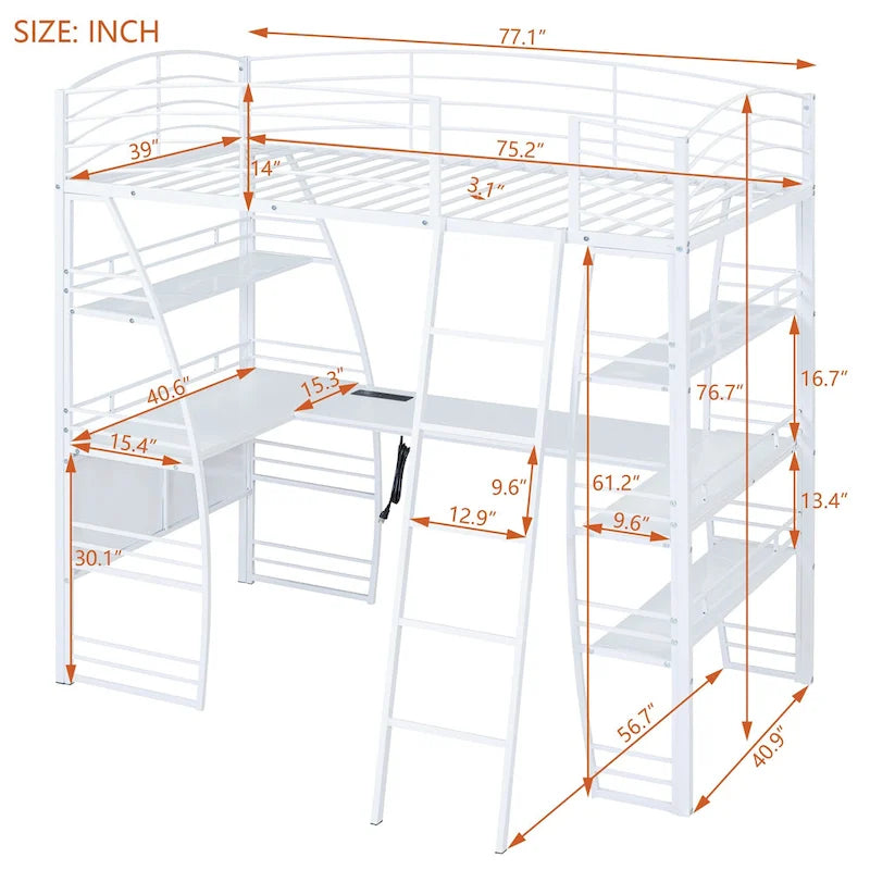 Lit mezzanine en métal avec deux étagères latérales à 4 niveaux, bureau pleine largeur en L avec USB et chargement sans fil, deux échelles inclinées et des barrières de sécurité incurvées