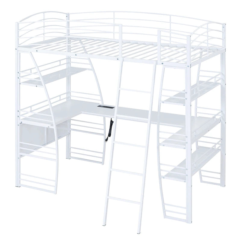 Lit mezzanine en métal avec deux étagères latérales à 4 niveaux, bureau pleine largeur en L avec USB et chargement sans fil, deux échelles inclinées et des barrières de sécurité incurvées