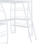 Lit mezzanine en métal avec deux étagères latérales à 4 niveaux, bureau pleine largeur en L avec USB et chargement sans fil, deux échelles inclinées et des barrières de sécurité incurvées