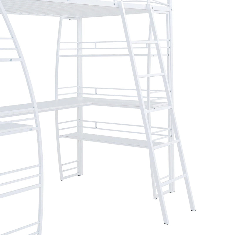 Lit mezzanine en métal avec deux étagères latérales à 4 niveaux, bureau pleine largeur en L avec USB et chargement sans fil, deux échelles inclinées et des barrières de sécurité incurvées