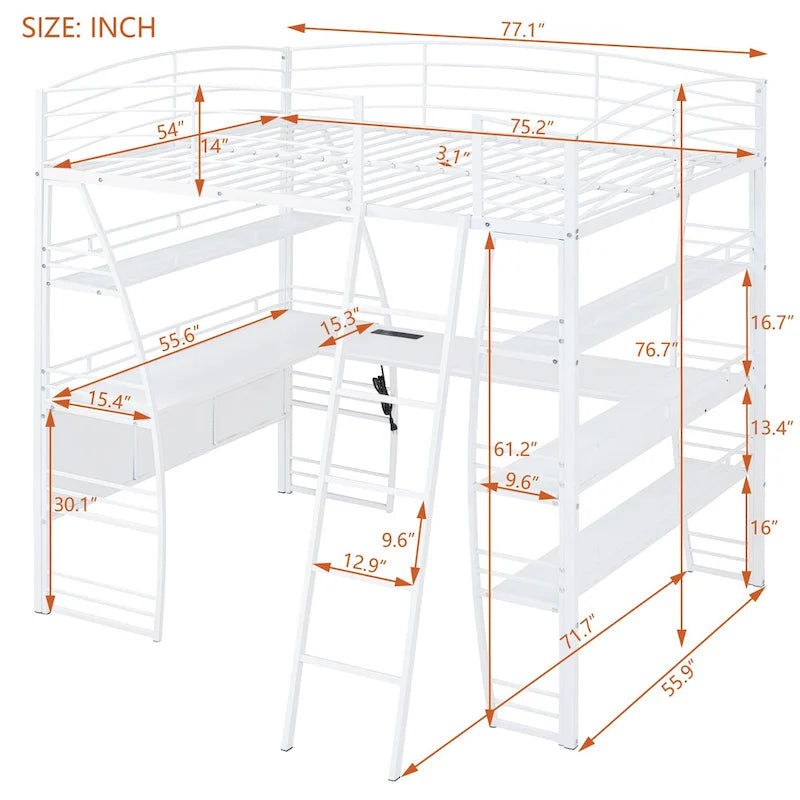 Lit mezzanine en métal avec deux étagères latérales à 4 niveaux, bureau pleine largeur en L avec USB et chargement sans fil, deux échelles inclinées et des barrières de sécurité incurvées