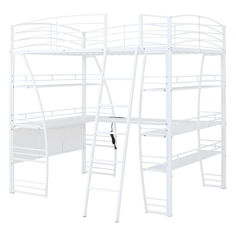 Lit mezzanine en métal avec deux étagères latérales à 4 niveaux, bureau pleine largeur en L avec USB et chargement sans fil, deux échelles inclinées et des barrières de sécurité incurvées