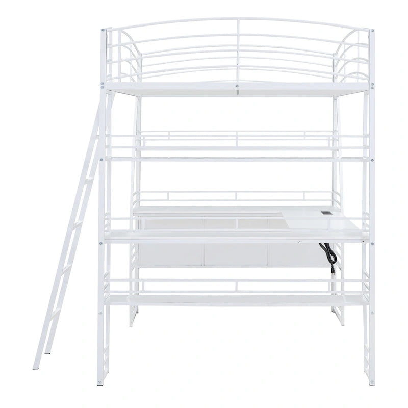 Lit mezzanine en métal avec deux étagères latérales à 4 niveaux, bureau pleine largeur en L avec USB et chargement sans fil, deux échelles inclinées et des barrières de sécurité incurvées
