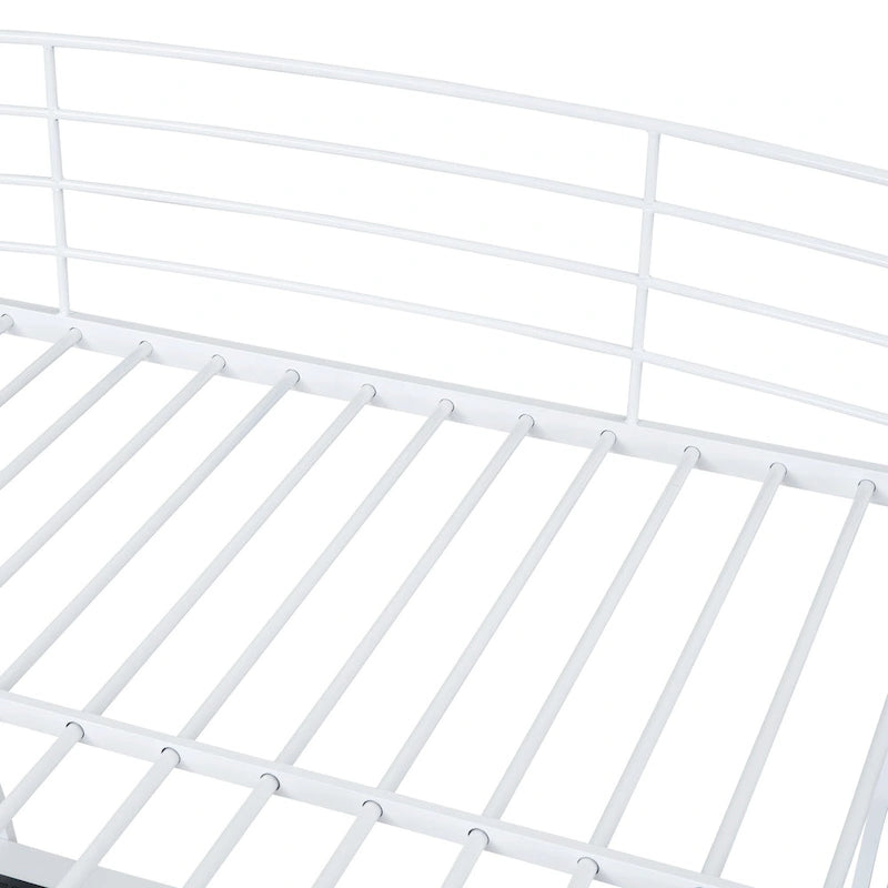 Lit mezzanine en métal avec deux étagères latérales à 4 niveaux, bureau pleine largeur en L avec USB et chargement sans fil, deux échelles inclinées et des barrières de sécurité incurvées