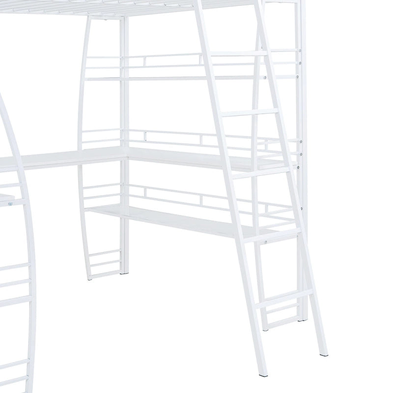 Lit mezzanine en métal avec deux étagères latérales à 4 niveaux, bureau pleine largeur en L avec USB et chargement sans fil, deux échelles inclinées et des barrières de sécurité incurvées