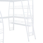 Lit mezzanine en métal avec deux étagères latérales à 4 niveaux, bureau pleine largeur en L avec USB et chargement sans fil, deux échelles inclinées et des barrières de sécurité incurvées