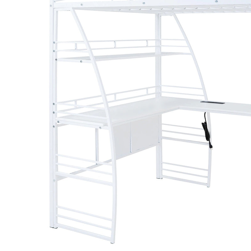 Lit mezzanine en métal avec deux étagères latérales à 4 niveaux, bureau pleine largeur en L avec USB et chargement sans fil, deux échelles inclinées et des barrières de sécurité incurvées