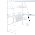 Lit mezzanine en métal avec deux étagères latérales à 4 niveaux, bureau pleine largeur en L avec USB et chargement sans fil, deux échelles inclinées et des barrières de sécurité incurvées