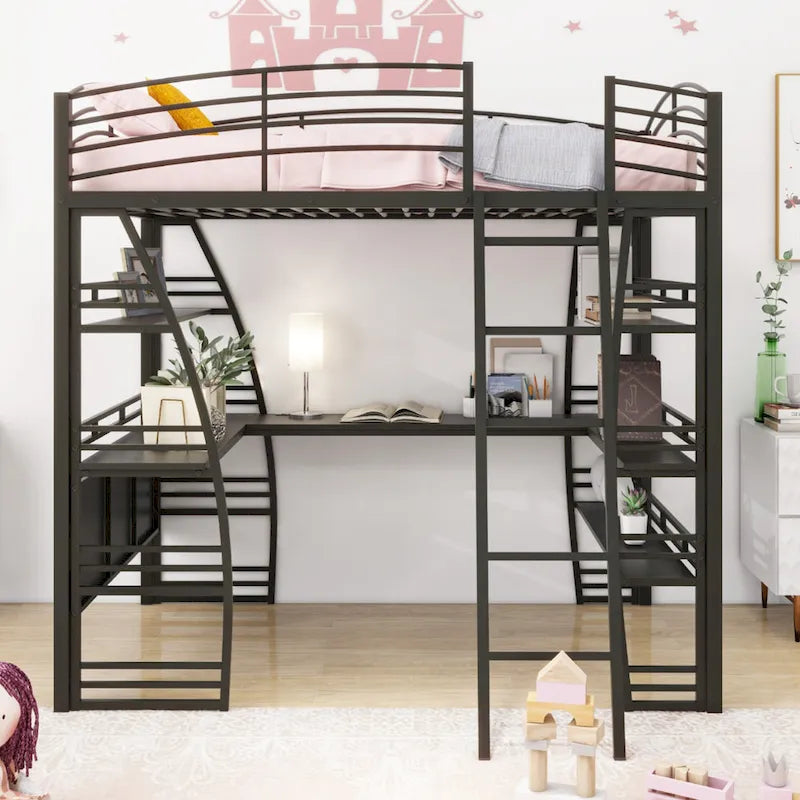Lit mezzanine en métal avec deux étagères latérales à 4 niveaux, bureau pleine largeur en L avec USB et chargement sans fil, deux échelles inclinées et des barrières de sécurité incurvées