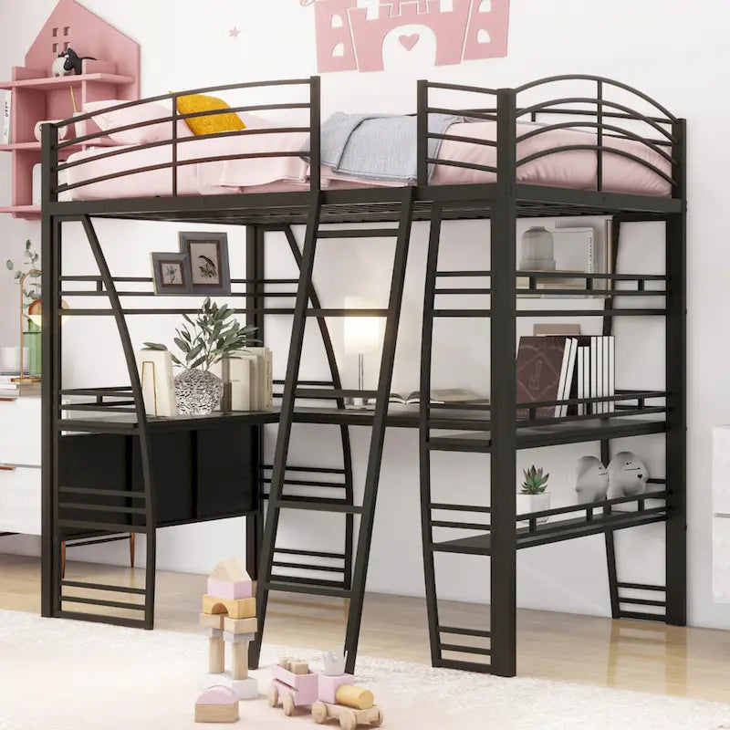 Lit mezzanine en métal avec deux étagères latérales à 4 niveaux, bureau pleine largeur en L avec USB et chargement sans fil, deux échelles inclinées et des barrières de sécurité incurvées