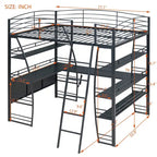 Lit mezzanine en métal avec deux étagères latérales à 4 niveaux, bureau pleine largeur en L avec USB et chargement sans fil, deux échelles inclinées et des barrières de sécurité incurvées
