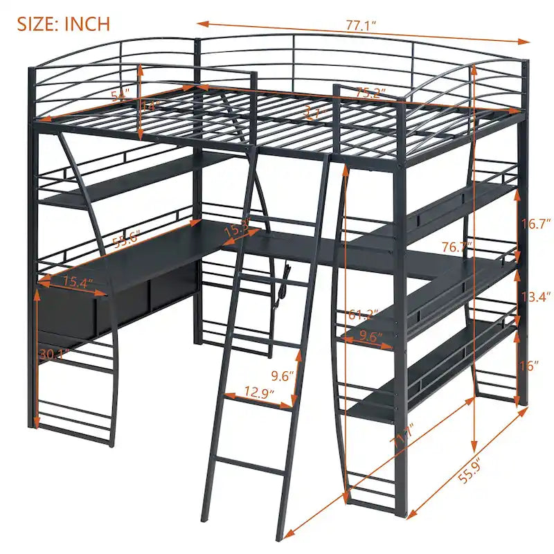 Lit mezzanine en métal avec deux étagères latérales à 4 niveaux, bureau pleine largeur en L avec USB et chargement sans fil, deux échelles inclinées et des barrières de sécurité incurvées