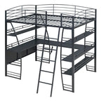 Lit mezzanine en métal avec deux étagères latérales à 4 niveaux, bureau pleine largeur en L avec USB et chargement sans fil, deux échelles inclinées et des barrières de sécurité incurvées