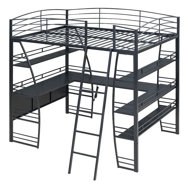 Lit mezzanine en métal avec deux étagères latérales à 4 niveaux, bureau pleine largeur en L avec USB et chargement sans fil, deux échelles inclinées et des barrières de sécurité incurvées