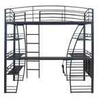 Lit mezzanine en métal avec deux étagères latérales à 4 niveaux, bureau pleine largeur en L avec USB et chargement sans fil, deux échelles inclinées et des barrières de sécurité incurvées