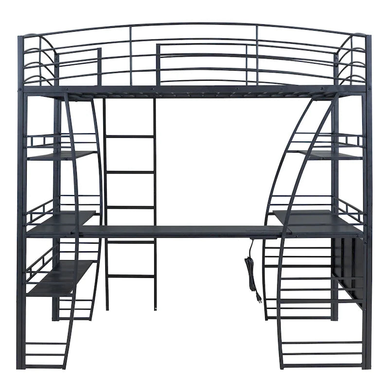 Lit mezzanine en métal avec deux étagères latérales à 4 niveaux, bureau pleine largeur en L avec USB et chargement sans fil, deux échelles inclinées et des barrières de sécurité incurvées