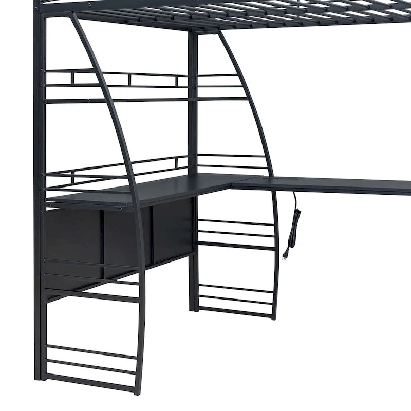 Lit mezzanine en métal avec deux étagères latérales à 4 niveaux, bureau pleine largeur en L avec USB et chargement sans fil, deux échelles inclinées et des barrières de sécurité incurvées