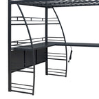 Lit mezzanine en métal avec deux étagères latérales à 4 niveaux, bureau pleine largeur en L avec USB et chargement sans fil, deux échelles inclinées et des barrières de sécurité incurvées
