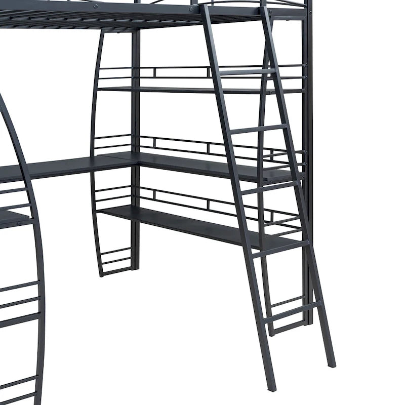 Lit mezzanine en métal avec deux étagères latérales à 4 niveaux, bureau pleine largeur en L avec USB et chargement sans fil, deux échelles inclinées et des barrières de sécurité incurvées
