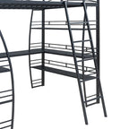 Lit mezzanine en métal avec deux étagères latérales à 4 niveaux, bureau pleine largeur en L avec USB et chargement sans fil, deux échelles inclinées et des barrières de sécurité incurvées