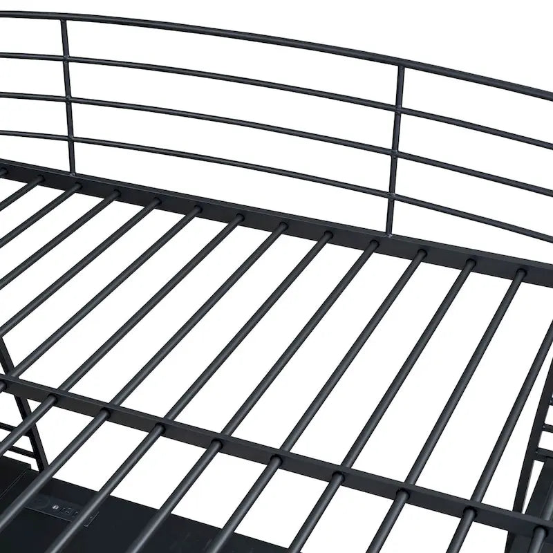 Lit mezzanine en métal avec deux étagères latérales à 4 niveaux, bureau pleine largeur en L avec USB et chargement sans fil, deux échelles inclinées et des barrières de sécurité incurvées