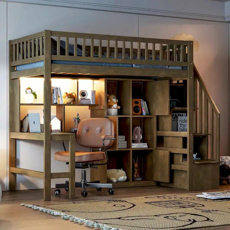 Lit mezzanine en pin massif couleur noyer de taille jumeau avec bureau en L, éclairage LED, étagère à 2 niveaux, 6 armoires et escalier de rangement