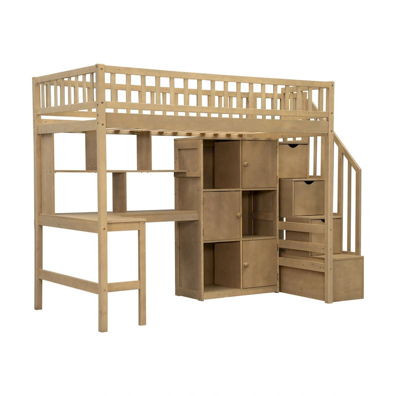 Lit mezzanine en pin massif couleur noyer de taille jumeau avec bureau en L, éclairage LED, étagère à 2 niveaux, 6 armoires et escalier de rangement