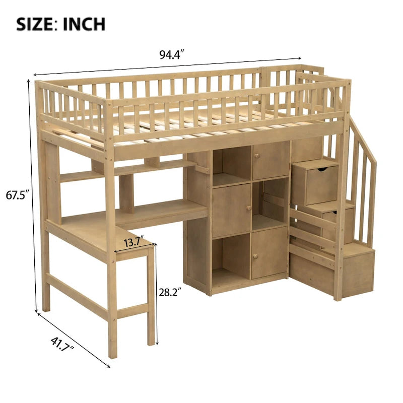 Lit mezzanine en pin massif couleur noyer de taille jumeau avec bureau en L, éclairage LED, étagère à 2 niveaux, 6 armoires et escalier de rangement