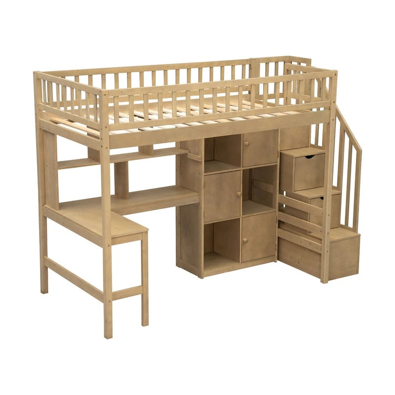 Lit mezzanine en pin massif couleur noyer de taille jumeau avec bureau en L, éclairage LED, étagère à 2 niveaux, 6 armoires et escalier de rangement