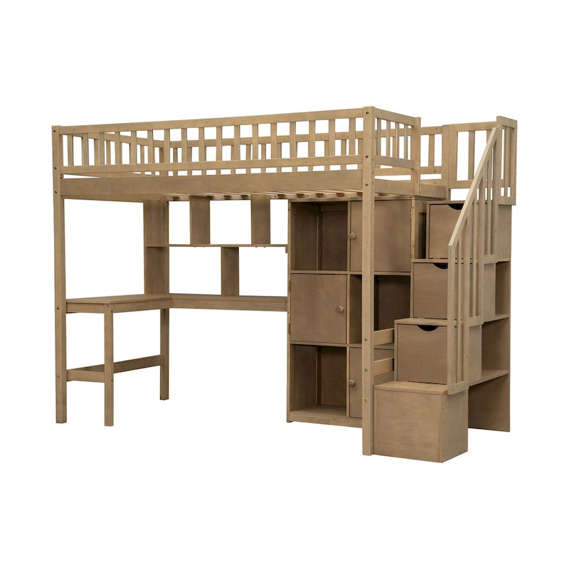 Lit mezzanine en pin massif couleur noyer de taille jumeau avec bureau en L, éclairage LED, étagère à 2 niveaux, 6 armoires et escalier de rangement