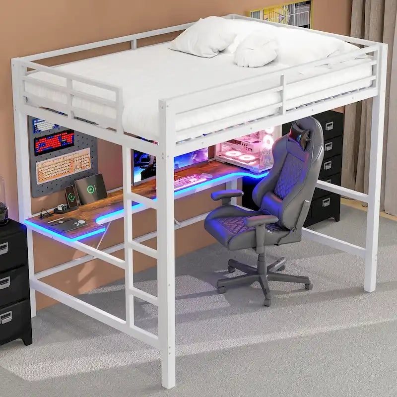 Lit mezzanine de jeu en métal avec bureau en MDF, lumières LED et station de chargement USB