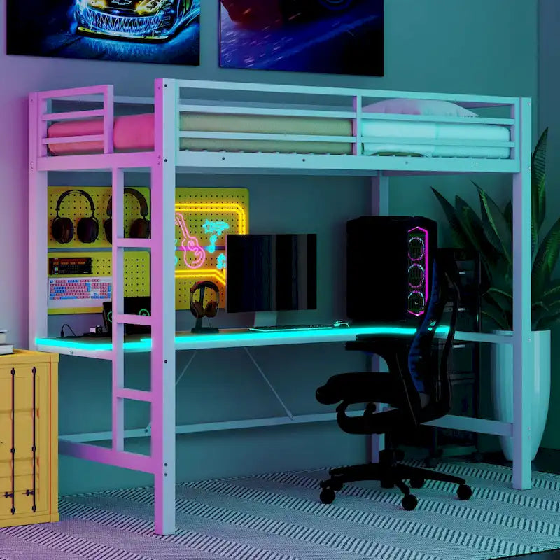 Lit mezzanine de jeu en métal avec bureau en MDF, lumières LED et station de chargement USB