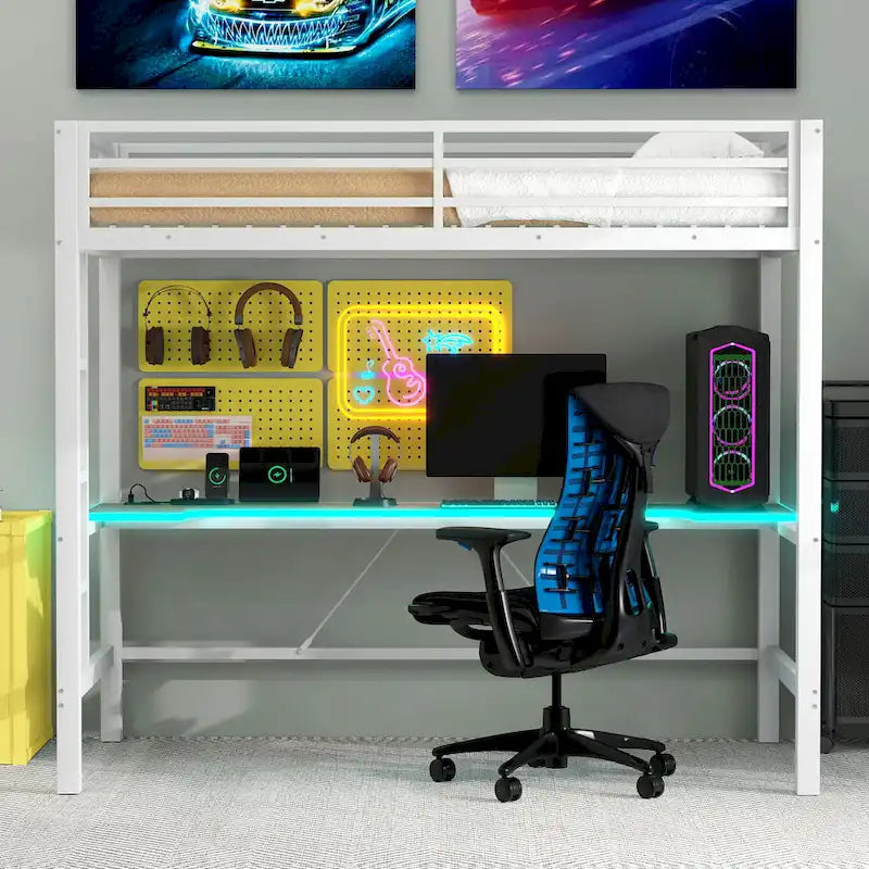 Lit mezzanine de jeu en métal avec bureau en MDF, lumières LED et station de chargement USB