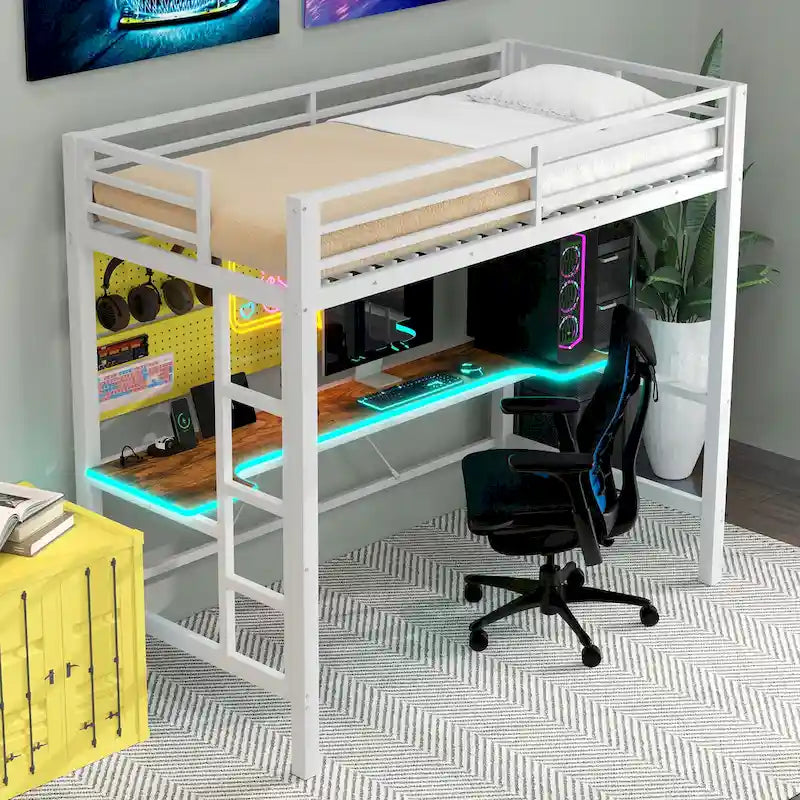 Lit mezzanine de jeu en métal avec bureau en MDF, lumières LED et station de chargement USB