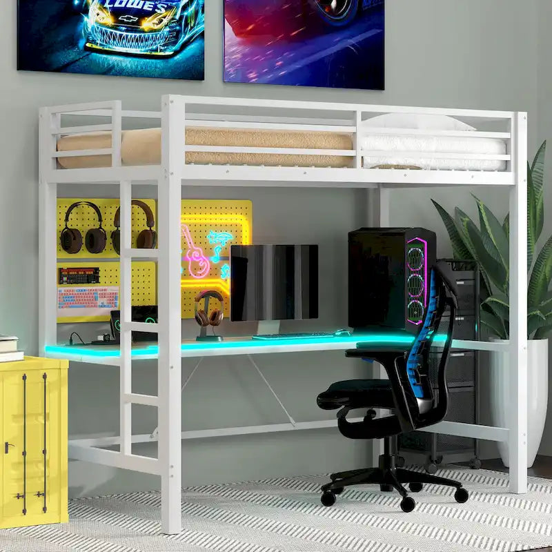 Lit mezzanine de jeu en métal avec bureau en MDF, lumières LED et station de chargement USB