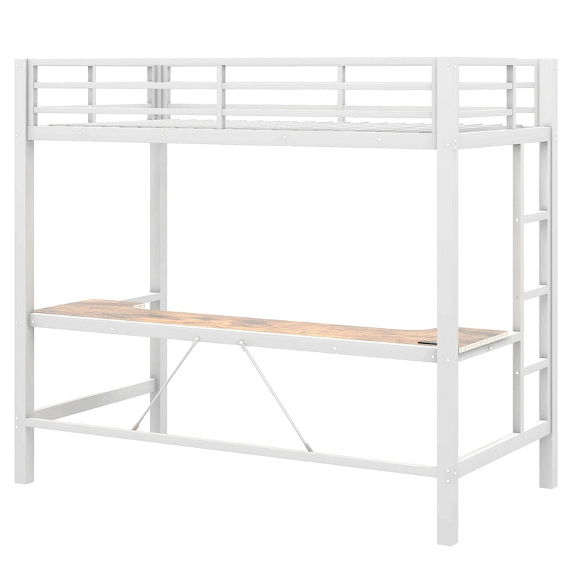 Lit mezzanine de jeu en métal avec bureau en MDF, lumières LED et station de chargement USB