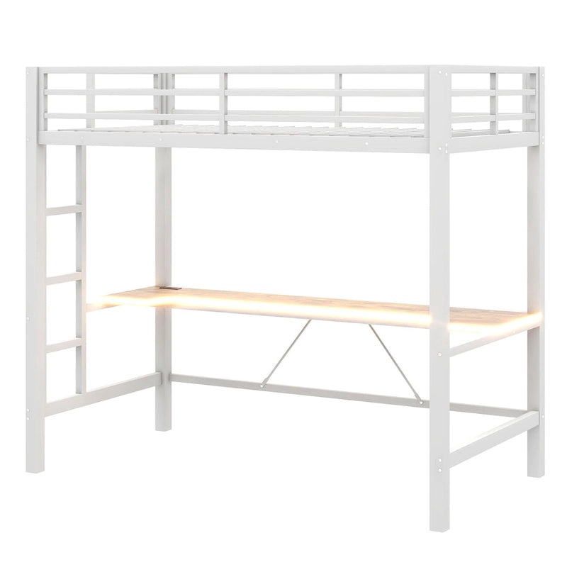 Lit mezzanine de jeu en métal avec bureau en MDF, lumières LED et station de chargement USB