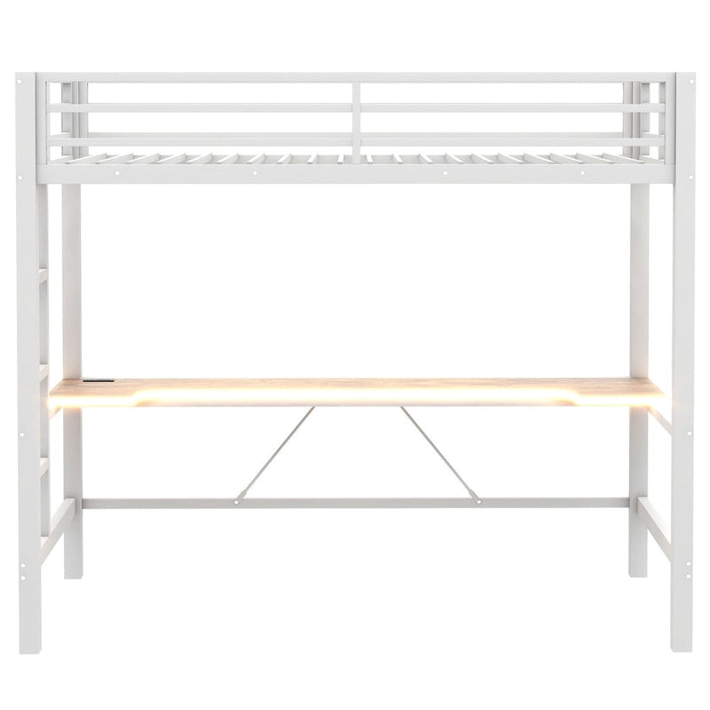 Lit mezzanine de jeu en métal avec bureau en MDF, lumières LED et station de chargement USB