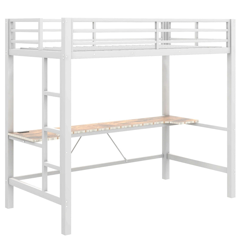 Lit mezzanine de jeu en métal avec bureau en MDF, lumières LED et station de chargement USB