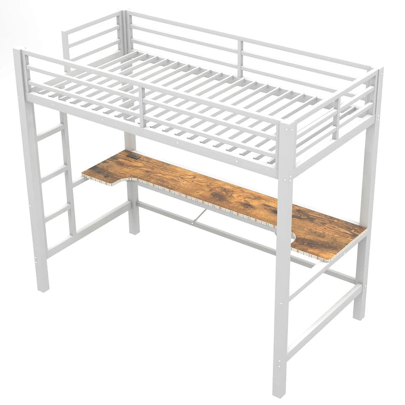 Lit mezzanine de jeu en métal avec bureau en MDF, lumières LED et station de chargement USB