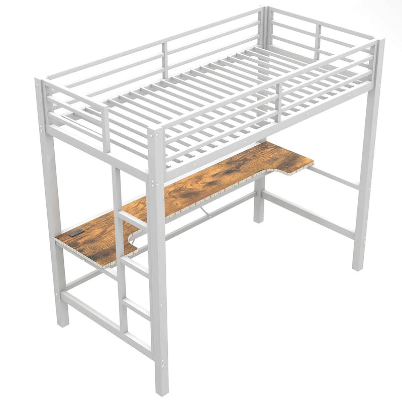 Lit mezzanine de jeu en métal avec bureau en MDF, lumières LED et station de chargement USB