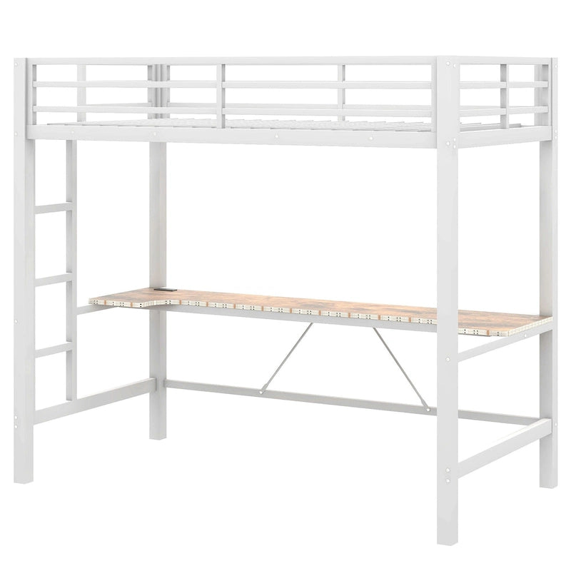Lit mezzanine de jeu en métal avec bureau en MDF, lumières LED et station de chargement USB