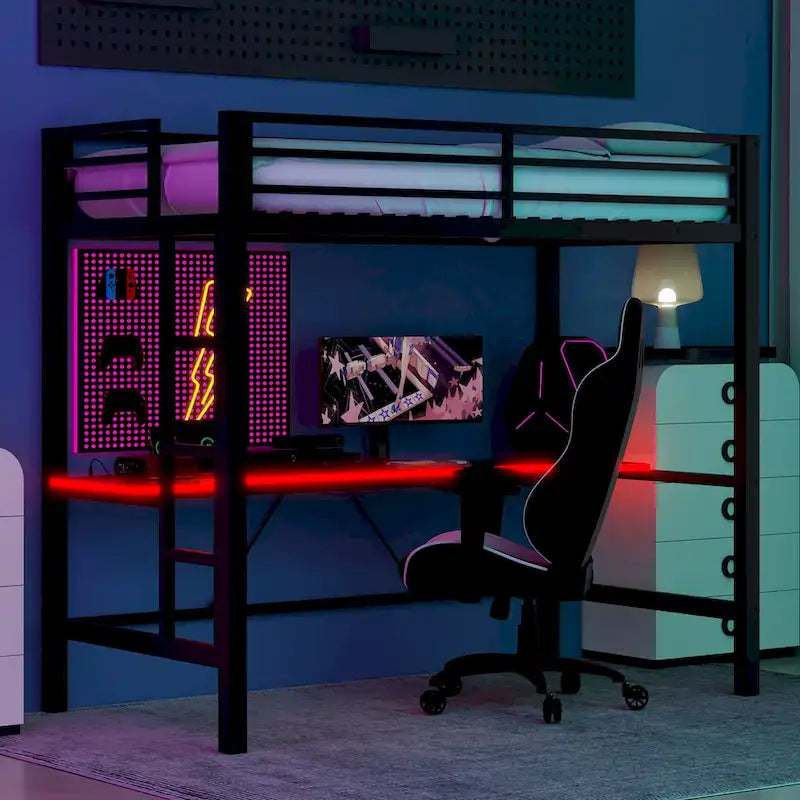 Lit mezzanine de jeu en métal avec bureau en MDF, lumières LED et station de chargement USB