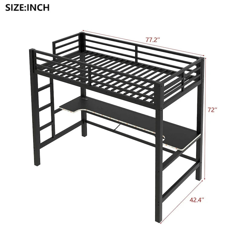Lit mezzanine de jeu en métal avec bureau en MDF, lumières LED et station de chargement USB